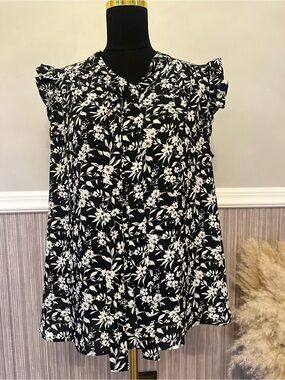 Sweet Rain Floral Tie Neck Ruffle Sleeve Blouse Plus Size 1X Black White